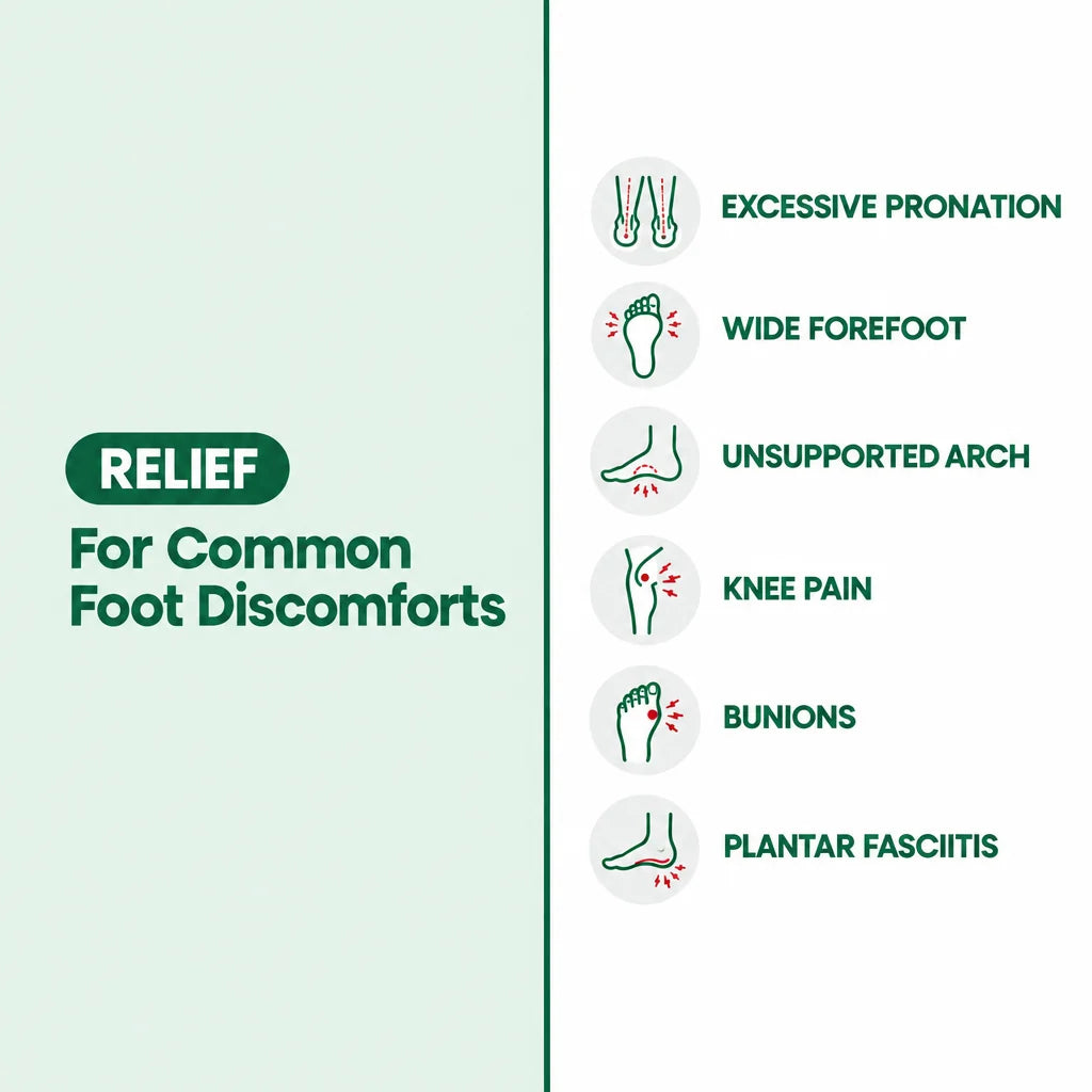 Infographic listing common foot discomforts the shoes are meant to relieve, each with a small icon.