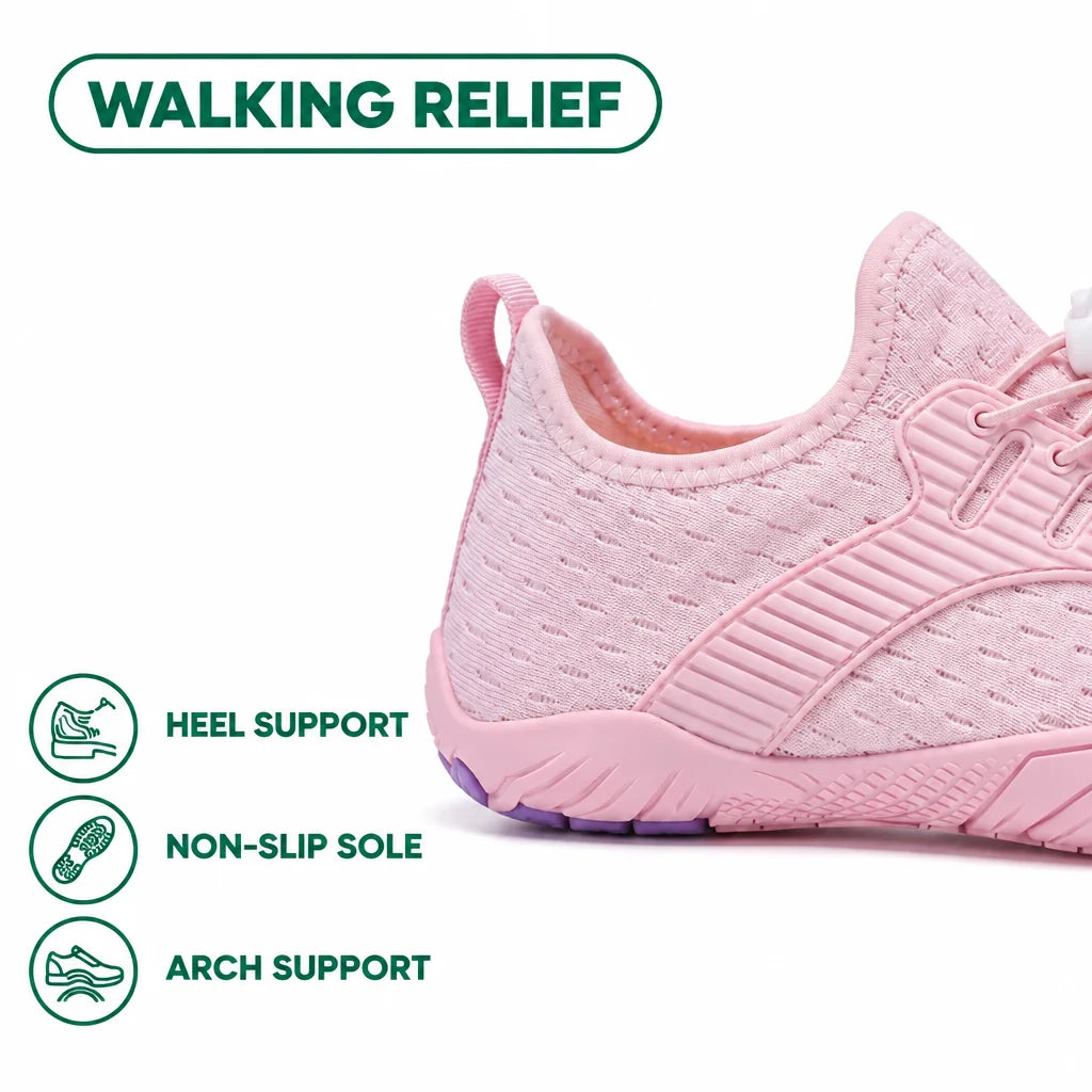 Heel and side of a pink sneaker with pull loop and ribbed overlay, with icons for heel support, grip and arch. 27