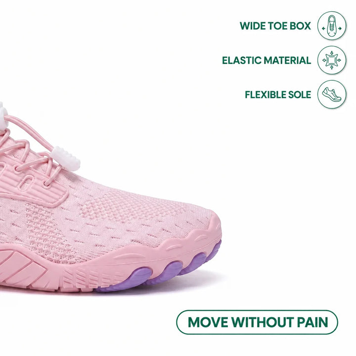 Close-up of the pink knit toe box, white lace toggles and purple sole pods, with feature icons beside it. 28
