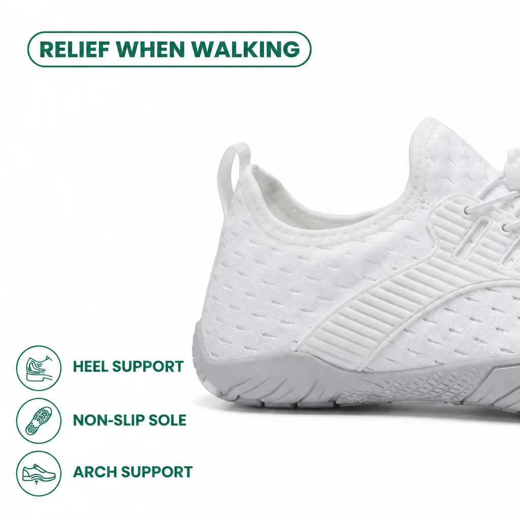 Close-up of the heel and midfoot of a white sneaker, with icons for heel support, non-slip sole and arch support.