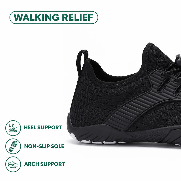 Heel and side of a black sneaker with pull loop and ribbed overlay, with icons for heel support, grip and arch. 34
