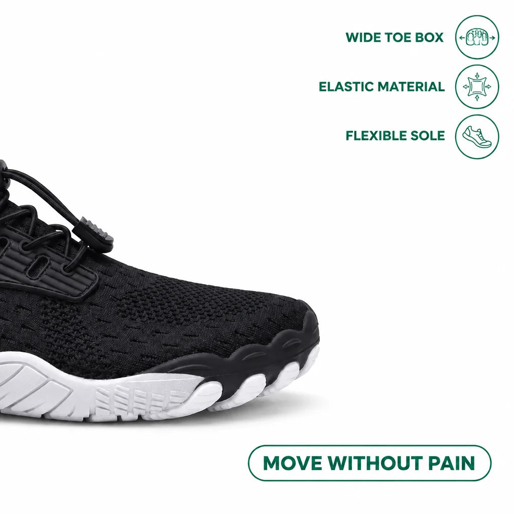 Close-up of the black knit toe box with elastic laces and white scalloped sole, with feature icons beside it. 35
