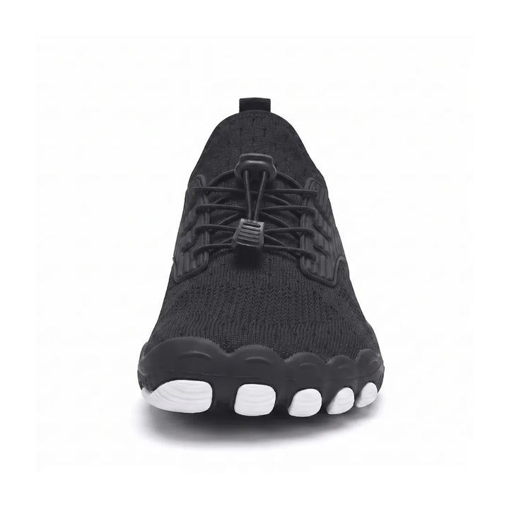 Front view of a black sneaker showing the wide toe box, elastic laces and five white toe-shaped sole pods. 37