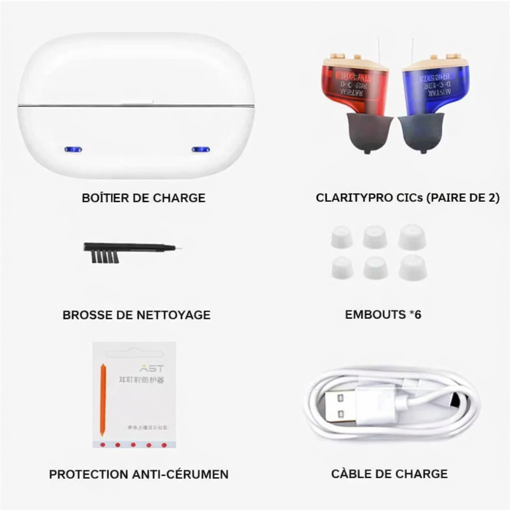 Pro CIC Rechargeable Invisible Hearing Amplifiers (Pair) accessories laid out with charging case, ear tips and cable