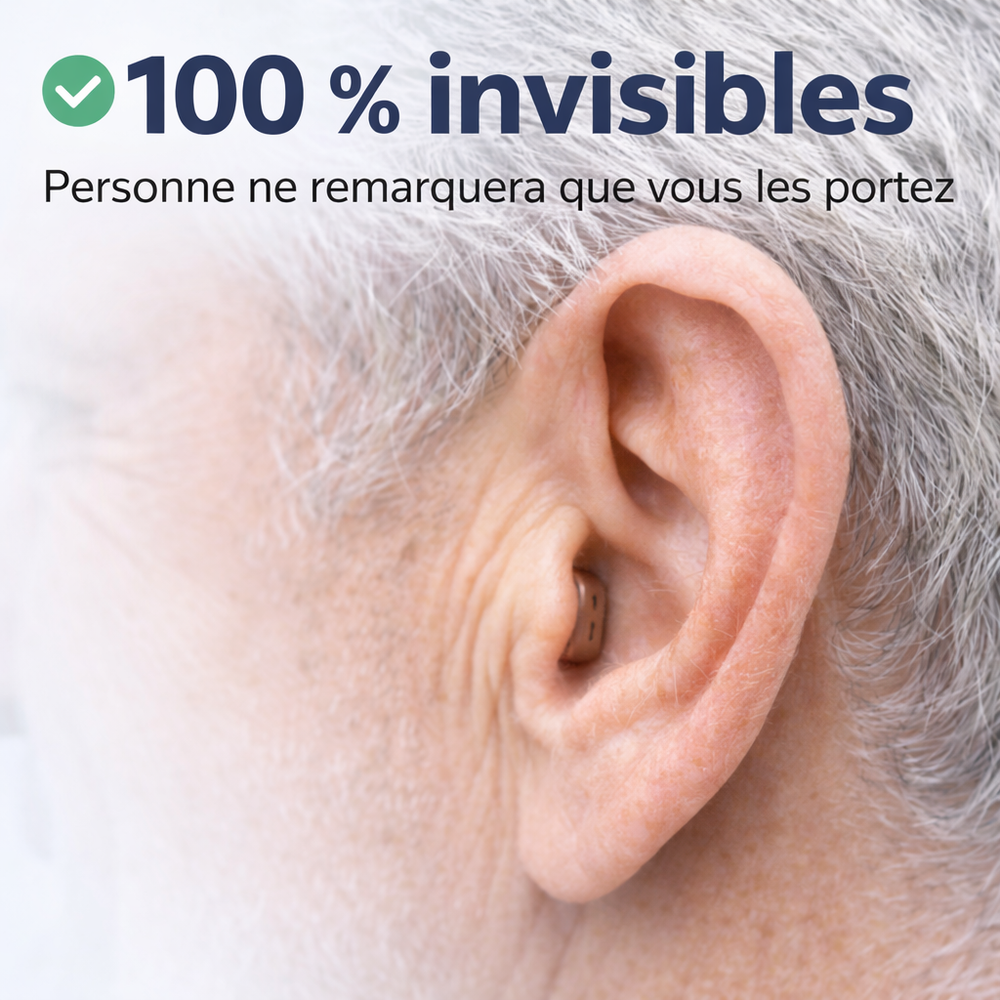 Pro CIC Rechargeable Invisible Hearing Amplifiers (Pair) in beige, shown close up in an ear