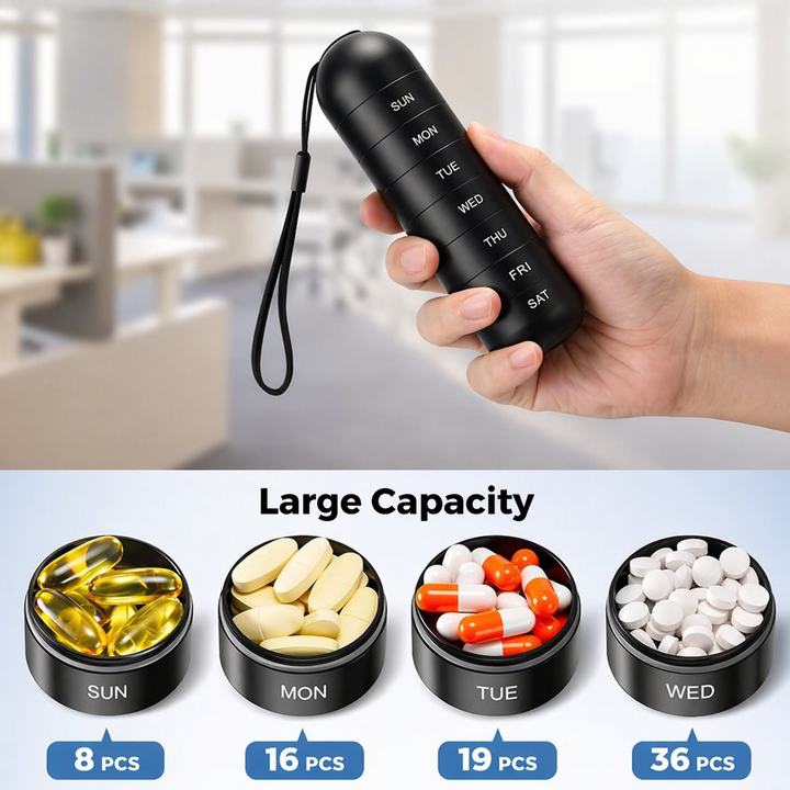 Hand holding the black capsule-shaped organizer with wrist loop above four open compartments filled with softgels, tablets, capsules and small pills.