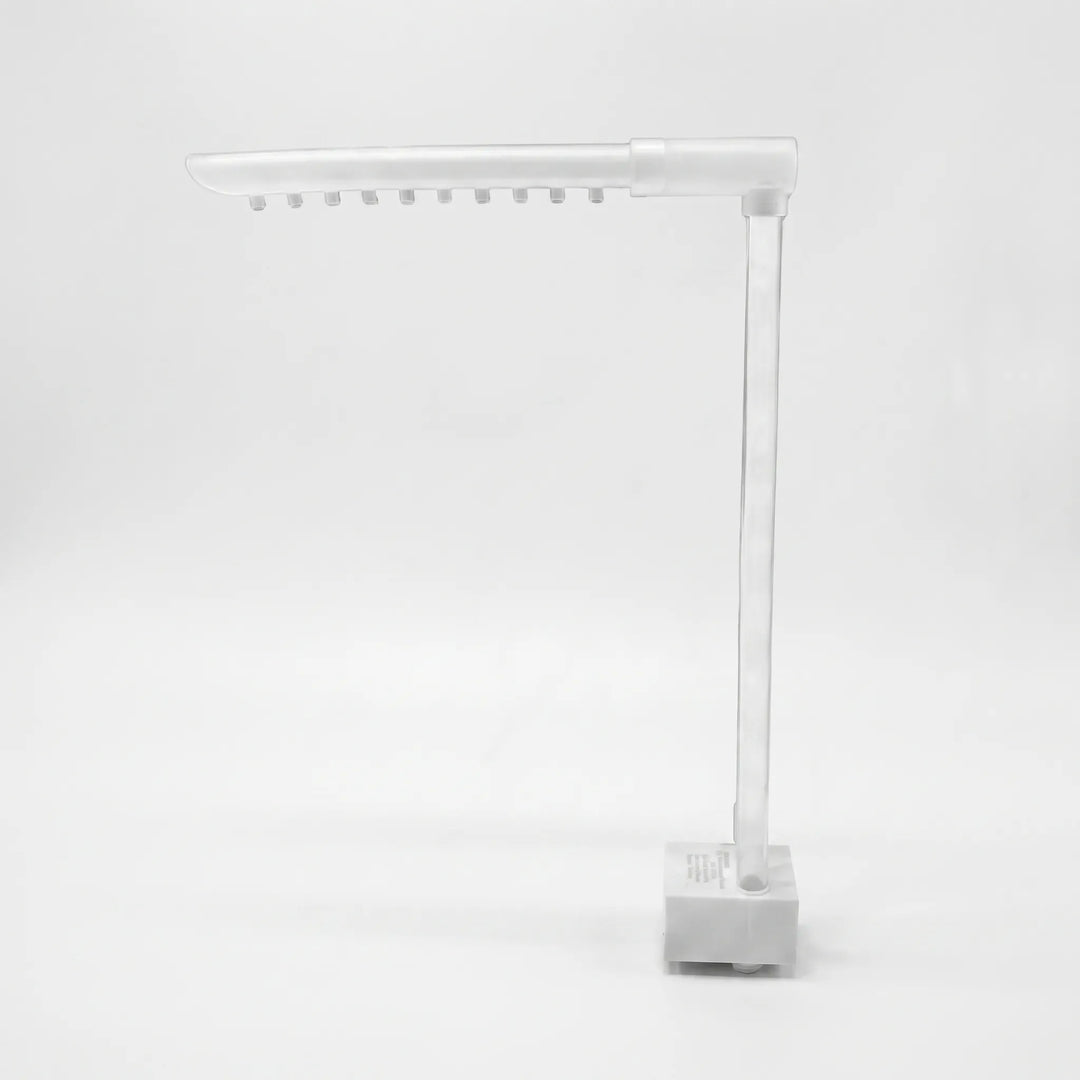 Detached water arm on a white background, showing a row of small spout nozzles on its underside, a clear upright tube and a pump base. 3