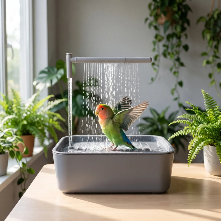 Green and orange lovebird spreading its wings under the shower arm of the gray bath on a wooden table, surrounded by houseplants. 2