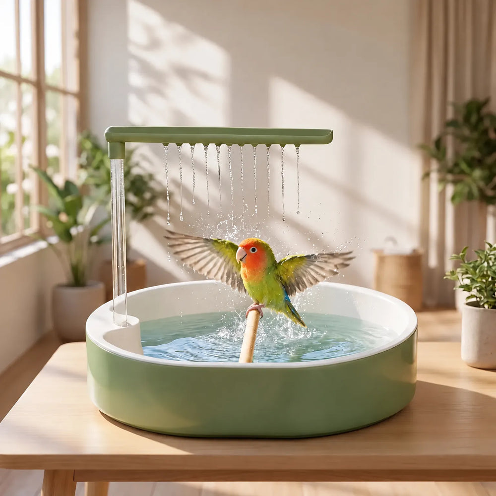 Colorful lovebird with spread wings splashing on the wooden perch under the falling water streams, with the bath on a table in a bright room. 2