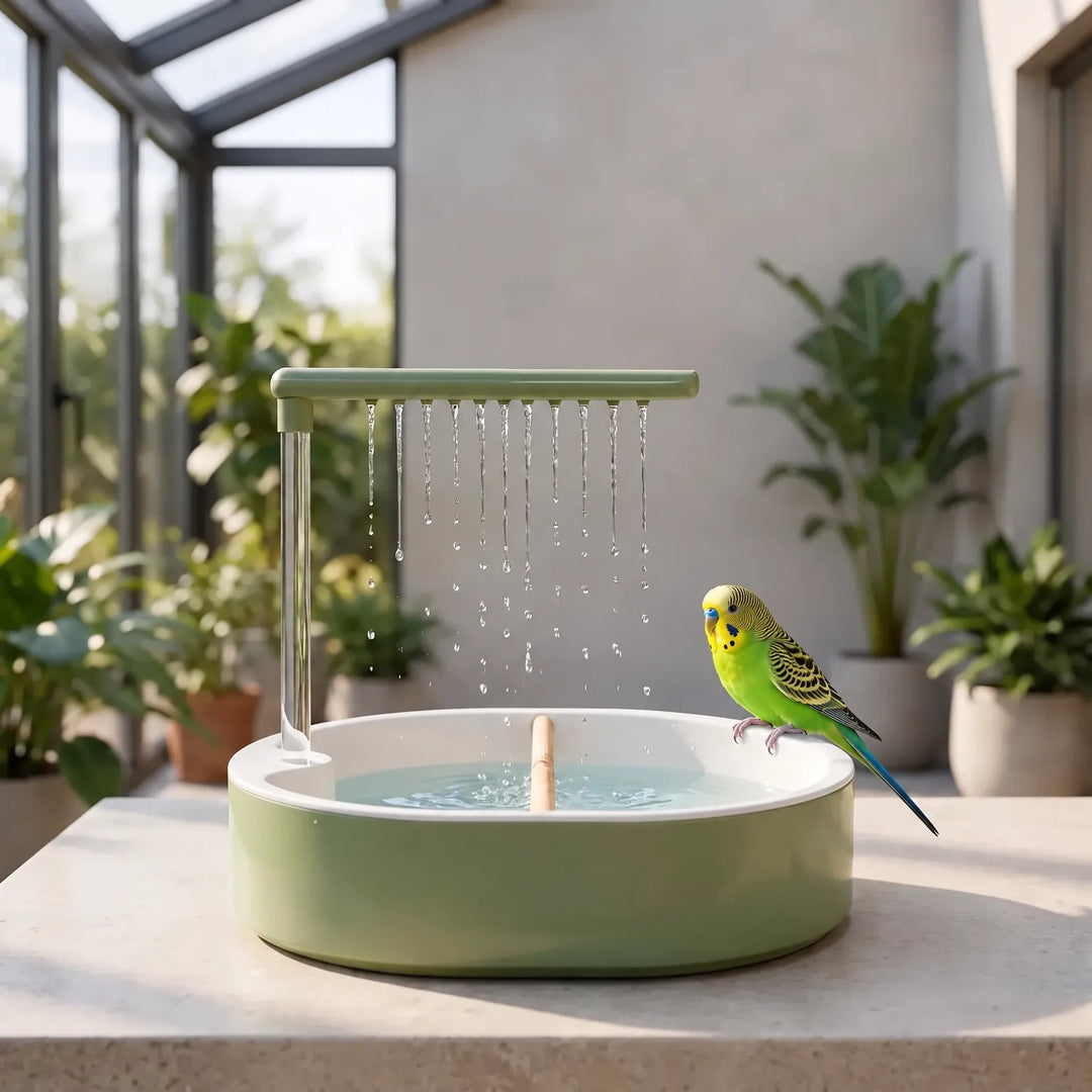 Green budgie perched on the rim of the bath while water drips from the overhead arm, with plants in a sunny conservatory behind. 3