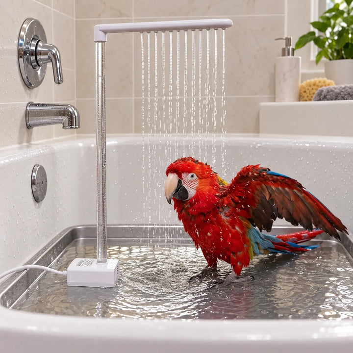 Red macaw with spread wings bathing under the rain bar, set in a shallow metal tray inside a bathtub. 2