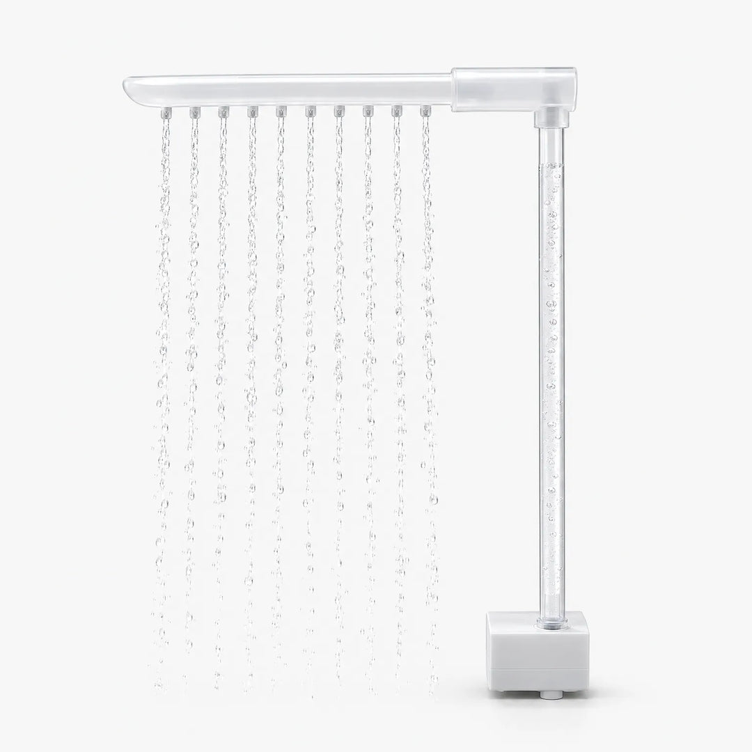 Side view of the rain bar with a clear upright tube and square white pump base, with ten streams of water falling. 4