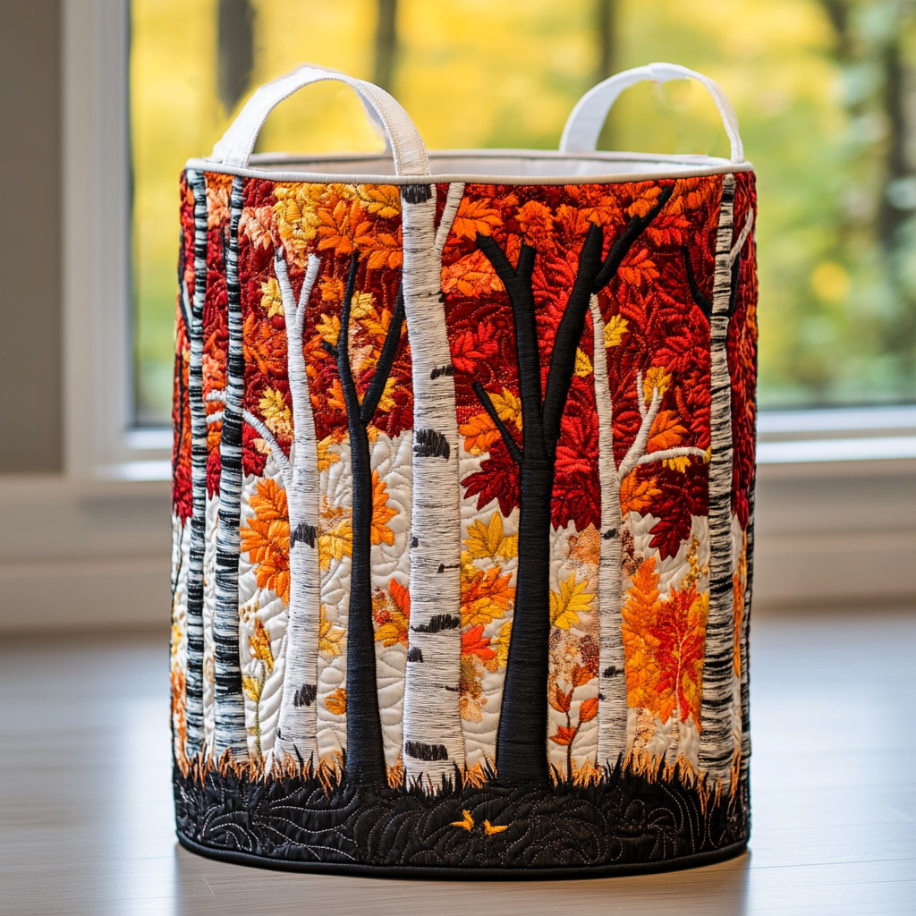 Quilted forest print basket with birch trunks and red and orange leaves, black base and white top handles.