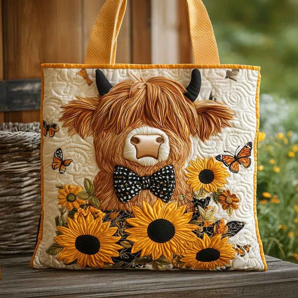 Quilted tote bag with a Highland cow in a polka-dot bow tie, sunflowers and butterflies, resting on a rustic wooden bench outdoors.