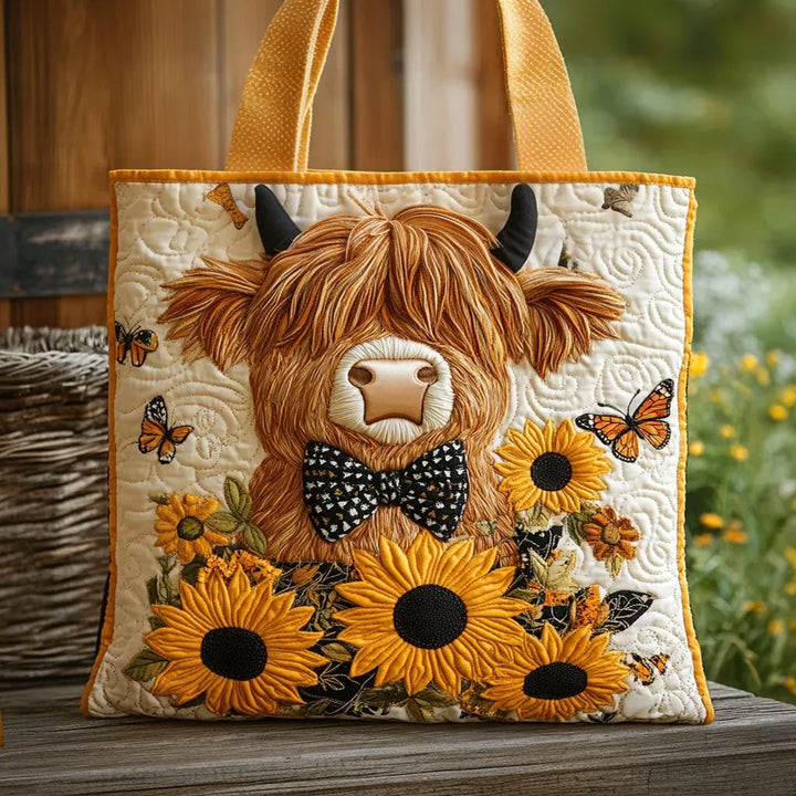 Quilted tote bag with a Highland cow in a polka-dot bow tie, sunflowers and butterflies, resting on a rustic wooden bench outdoors.