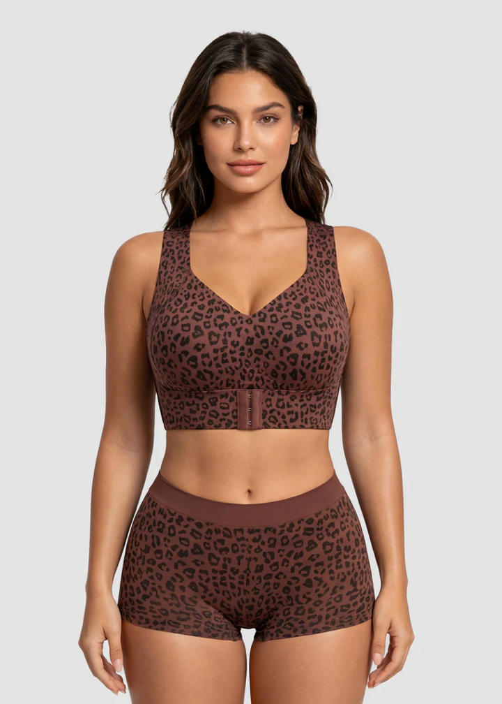 Model wearing the bra and matching shorts in a brown leopard print, front view.