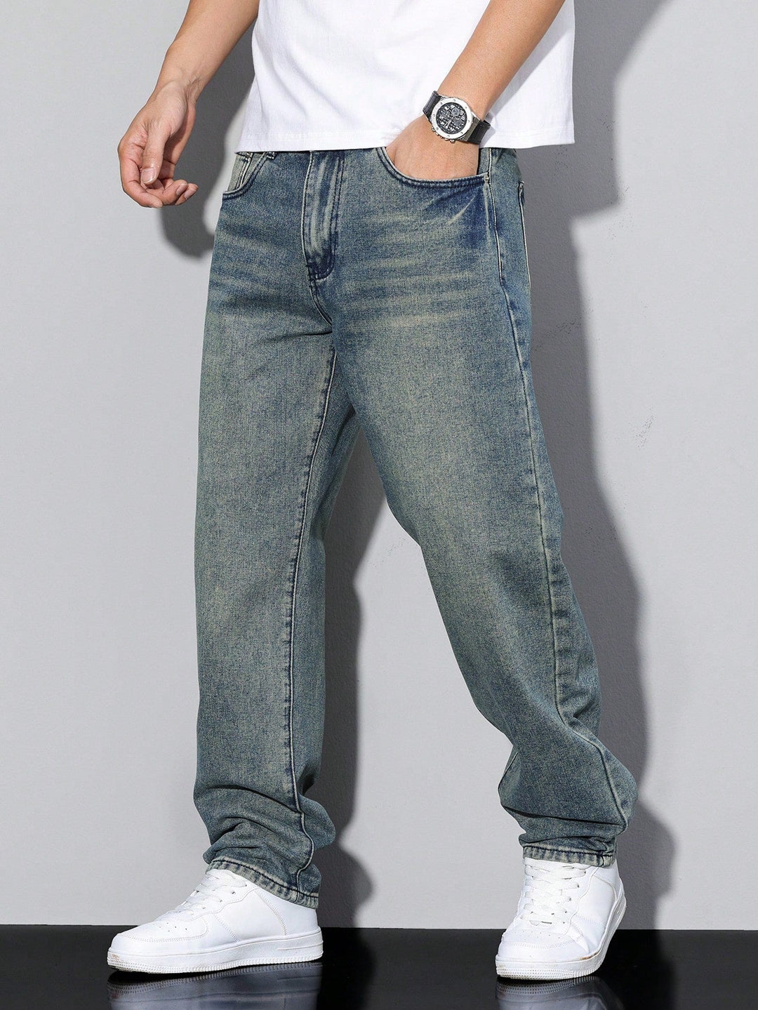 Gray washed baggy jeans, another view.