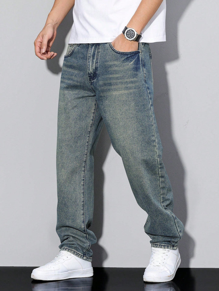 Gray washed baggy jeans, another view.