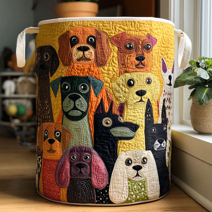 Quilted fabric laundry basket with canvas handles and a colorful dog pattern, front view.