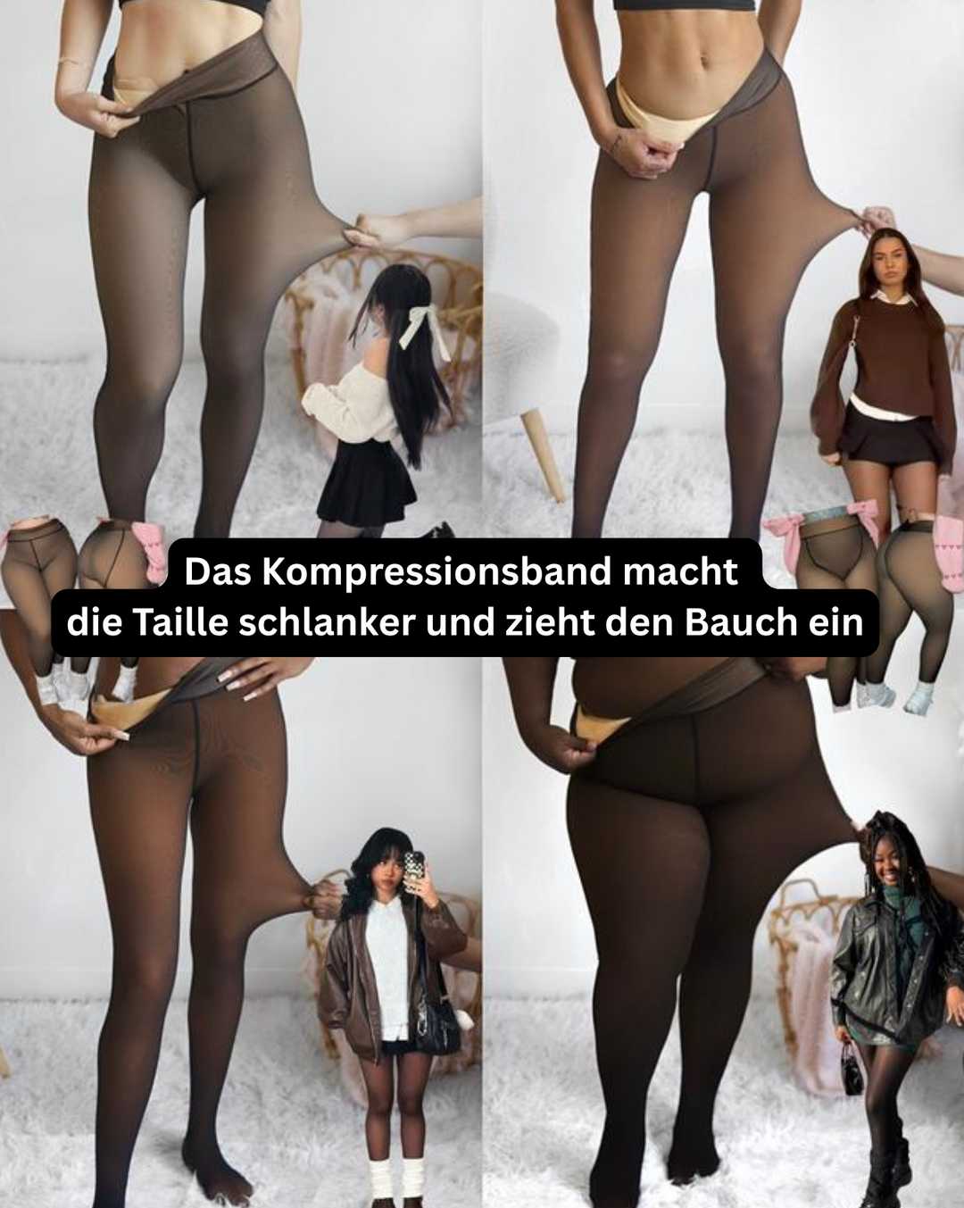 Four-panel collage of black thermal leggings being stretched to show the fleece lining.