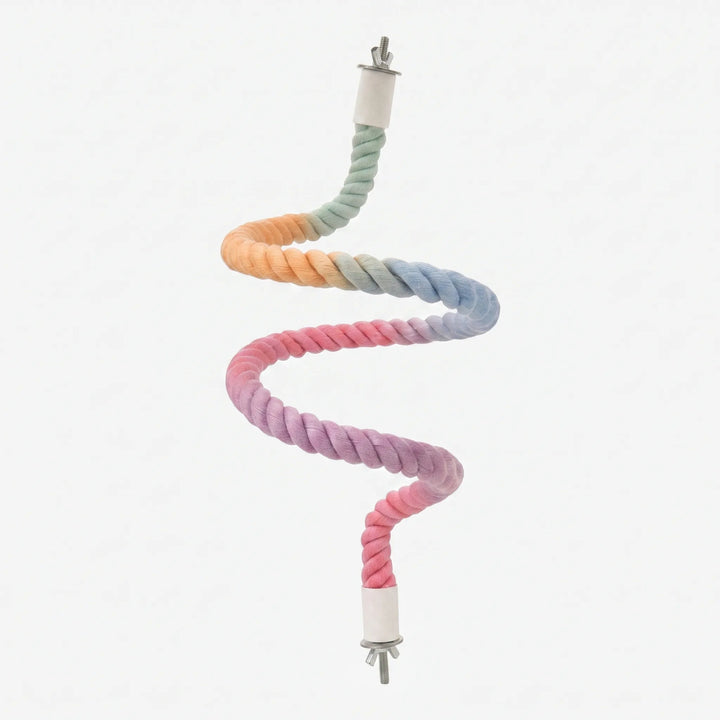 Twisted rope perch bent into a wavy spiral, with pastel pink, purple, blue, orange and green bands and metal mounting bolts at both ends. 1