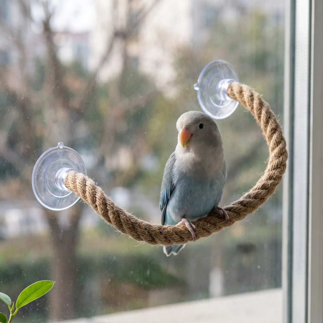 Pale blue lovebird perched on a rope perch curved in an arc between two suction cups on a window. 3