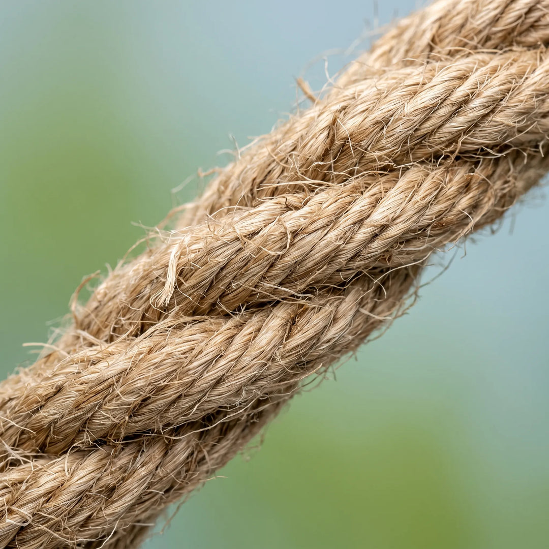Close-up of the twisted natural rope strands with fine fibers sticking out, against a soft green and blue blurred background. 4
