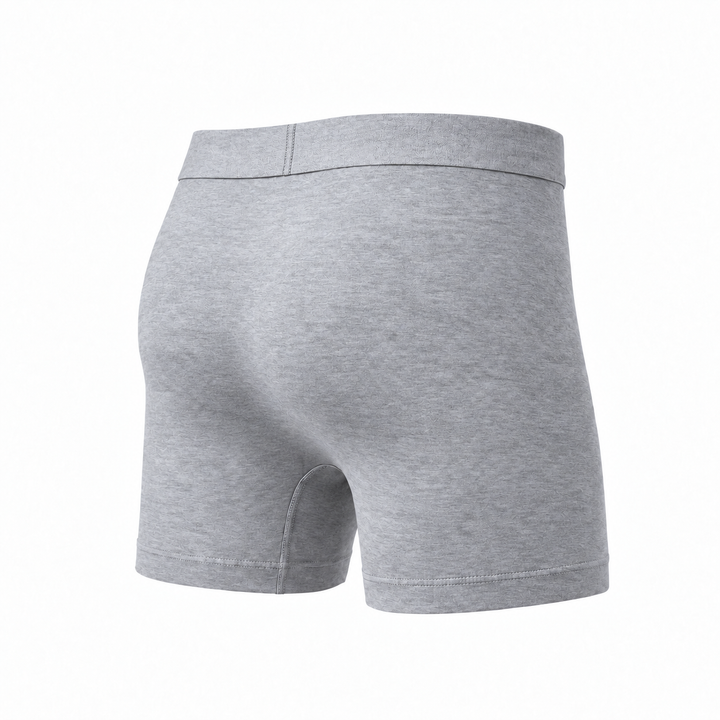 Heather gray boxer brief seen from the back at an angle, showing the rear panel and hemmed leg opening. 8