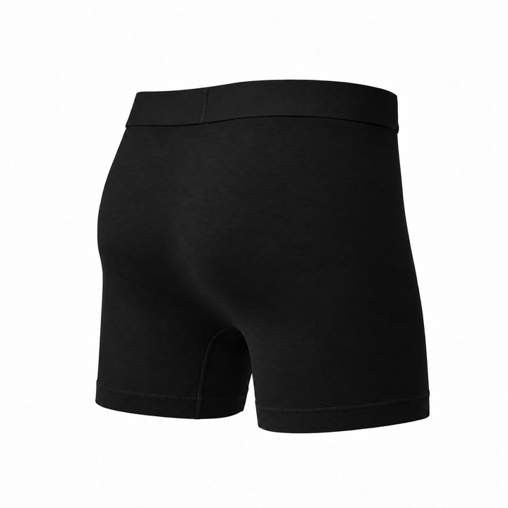 Black boxer brief seen from the back at an angle, showing the smooth rear panel and hemmed leg opening. 14