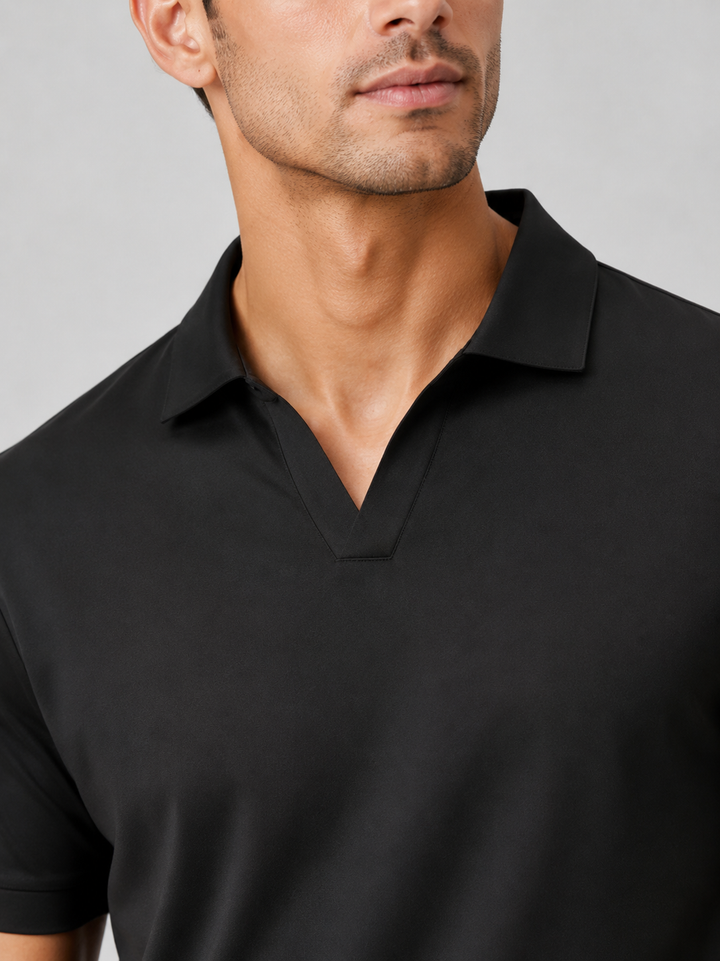 Black silky touch polo shirt detail of the V neckline and collar.