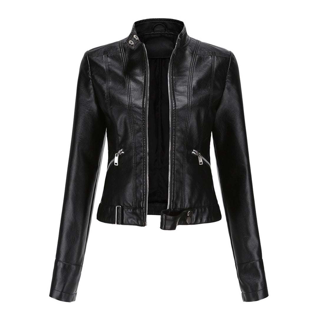 Front view of the black cropped jacket, unzipped, showing stand collar, zippered hip pockets and snap waist tab. 2