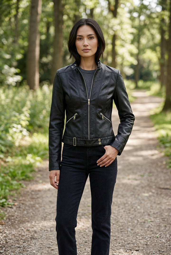 Woman wearing the black zip-front cropped jacket with dark jeans on a sunlit forest path 1