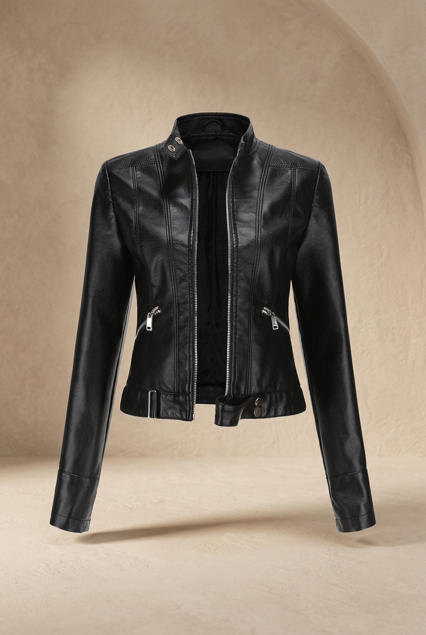 Black jacket presented floating against a sand-colored arched backdrop, unzipped with black lining visible 10