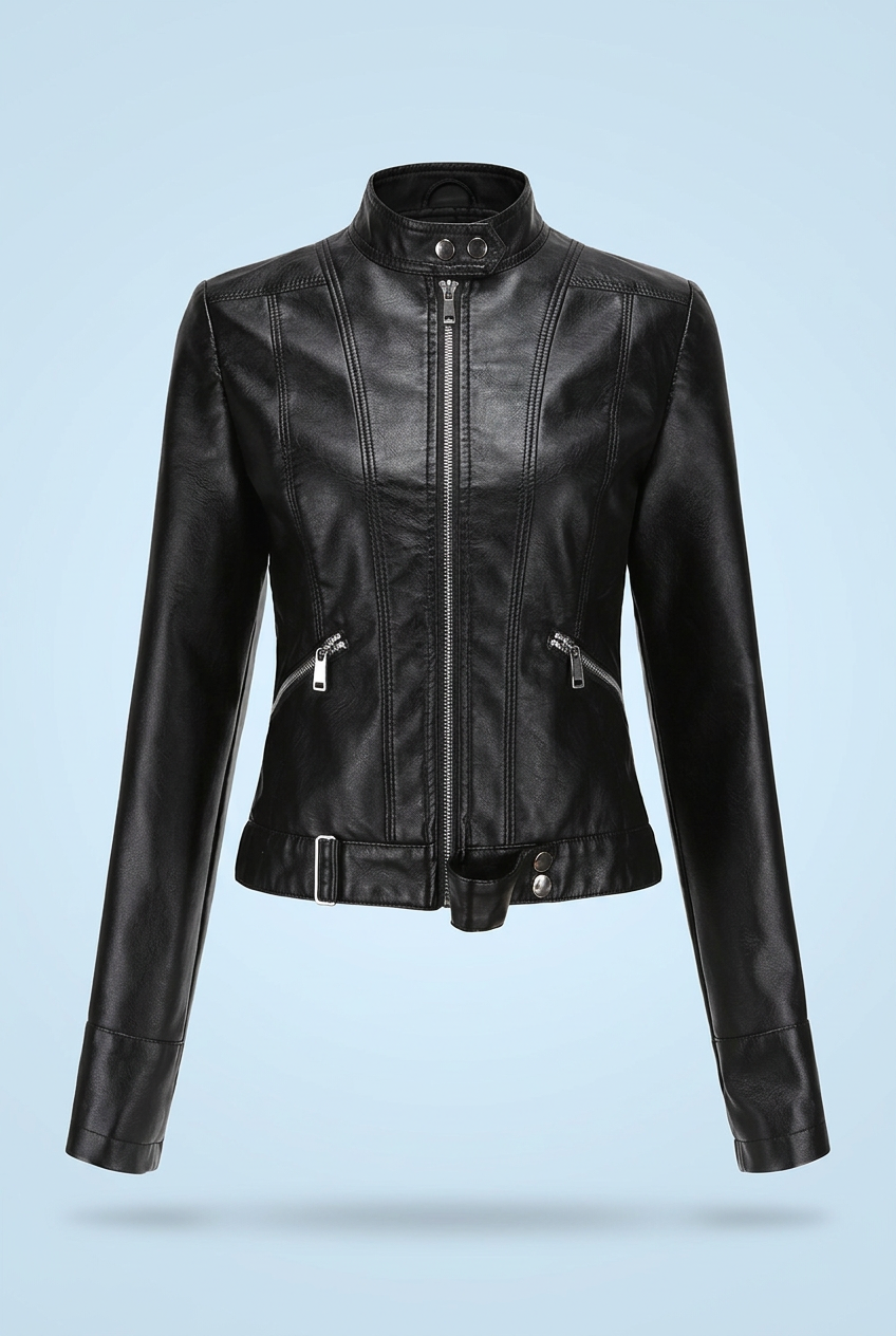 Front view of the black cropped jacket zipped up, showing the stand collar, slanted zip pockets and waist belt 2
