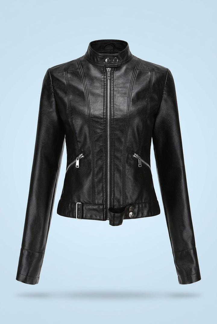 Front view of the black cropped jacket zipped up, showing the stand collar, slanted zip pockets and waist belt 2