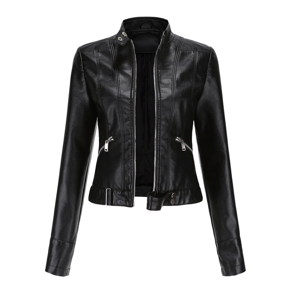 Black cropped jacket seen from the front, unzipped, showing stand collar, zip pockets and belted hem 2