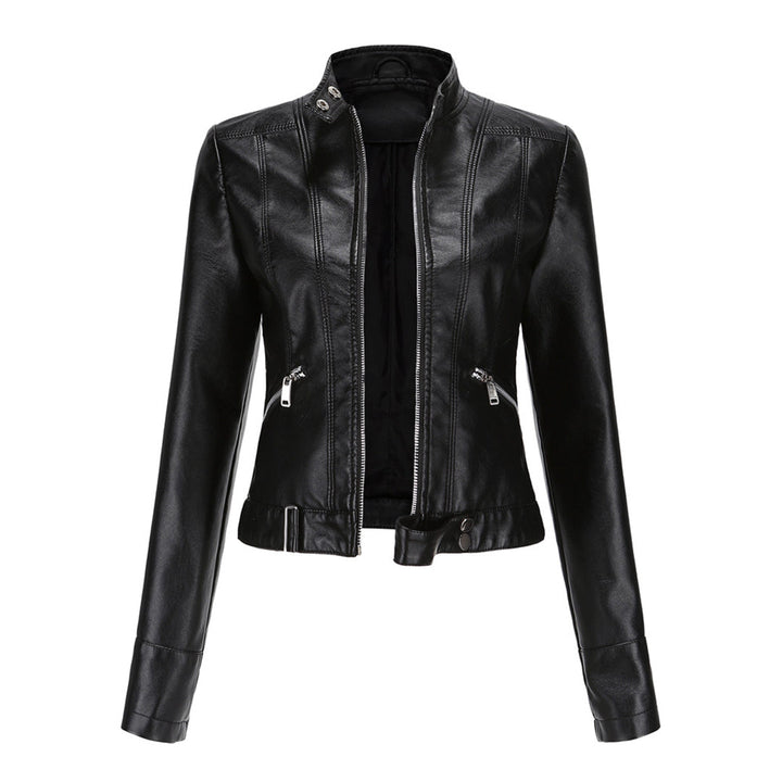 Front view of a black cropped jacket, open, with stand collar, silver zips and buckled hem tab 3