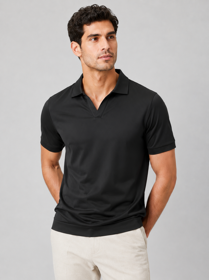 Black silky touch polo shirt with open V neckline, front view on a model.