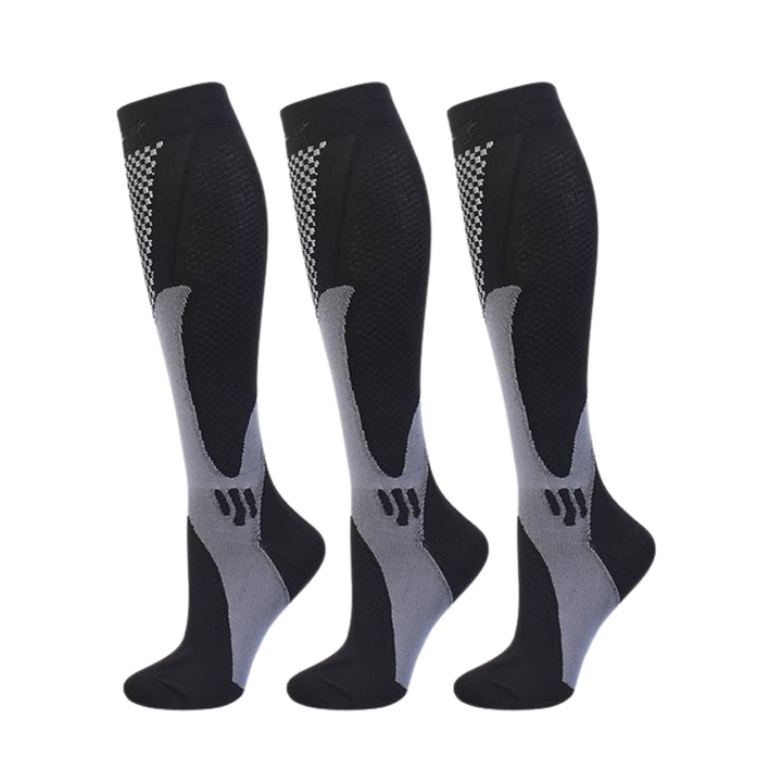Three identical black knee-high compression socks with gray ankle panels and a checkered mesh pattern near the top. 5