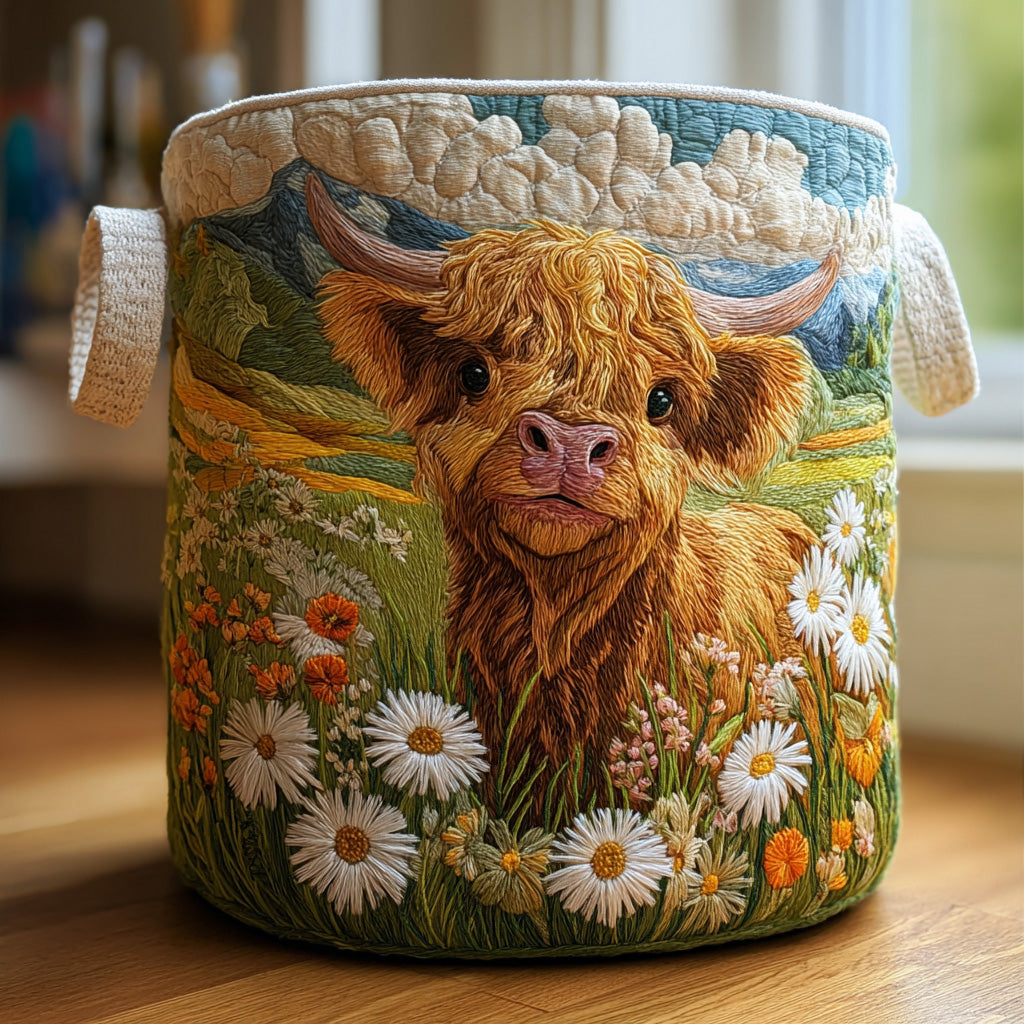 Blue, brown, green, orange and white padded laundry basket with graphic-print and handles, front view.