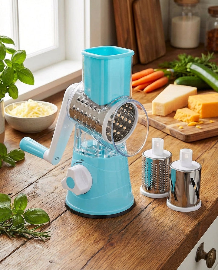 Light blue and white rotary vegetable chopper with two spare drums on a wooden kitchen counter.
