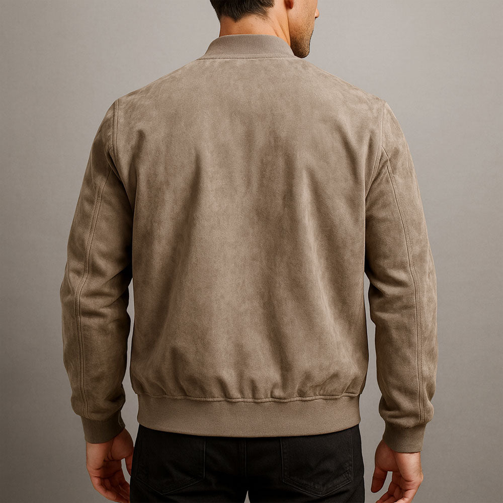Men's bomber jacket in taupe suede-look fabric, back view, with ribbed collar, cuffs and hem.