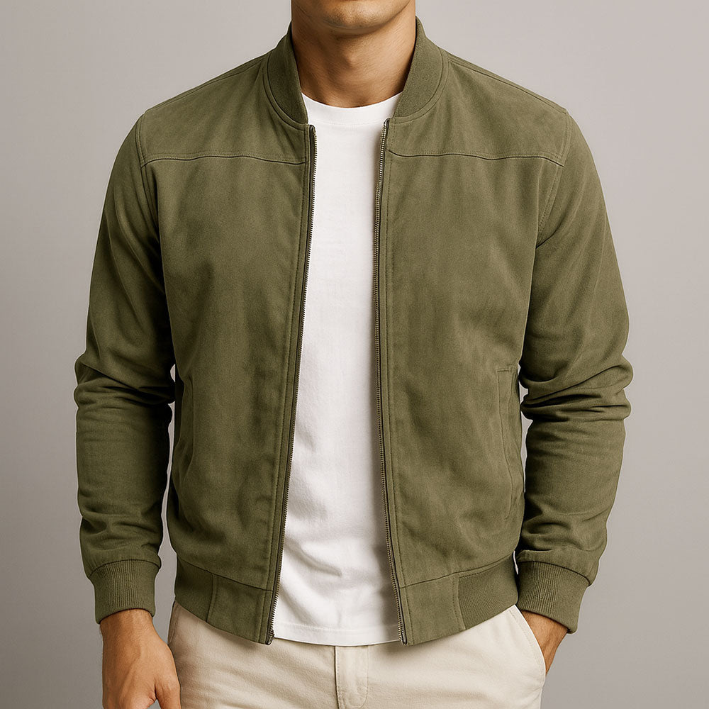 Men's bomber jacket in olive green, front view, worn open over a white tee with ribbed cuffs and hem.
