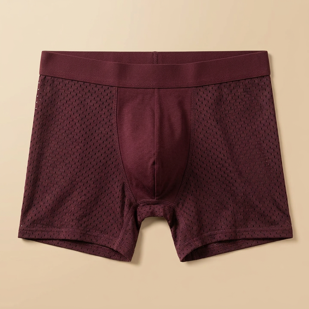 Burgundy boxer briefs laid flat, showing the waistband, stitched center panel and mesh side panels 7
