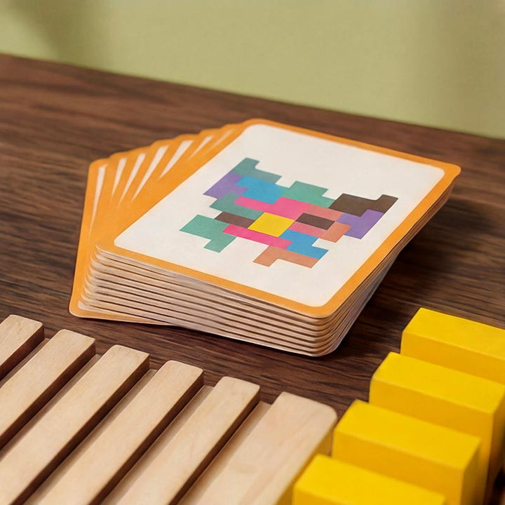 Wooden Tetris puzzle game detail of a stack of orange-bordered pattern cards