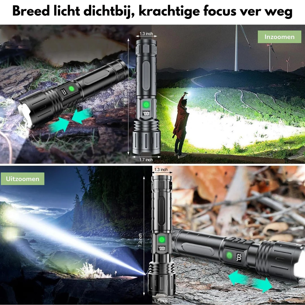Black flashlight detail showing the zoom beam from wide to narrow with size dimensions