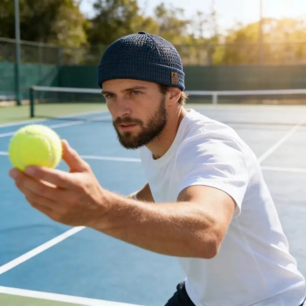 Bearded man in a white tee holding a tennis ball on a court, wearing a navy cap 10