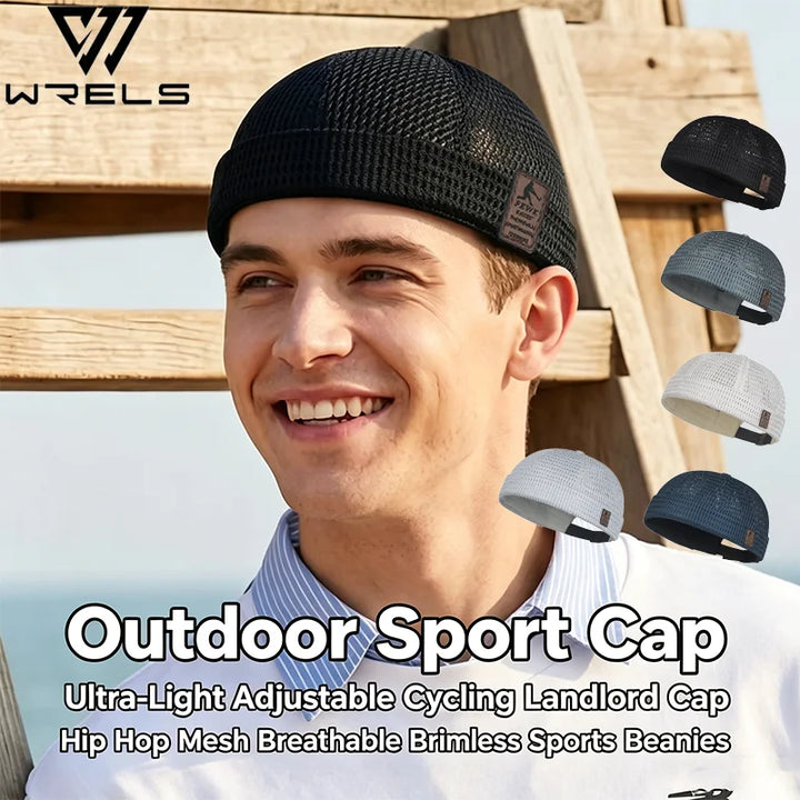 Smiling man wearing a black open weave brimless cap, with four more color options shown beside him 2
