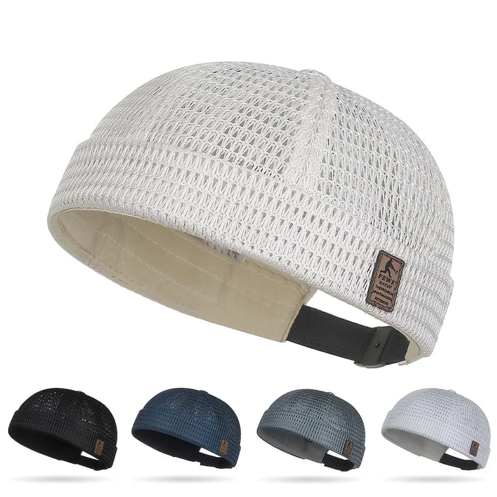 White open weave cap with a small leather patch and strap, above four smaller color variants 7