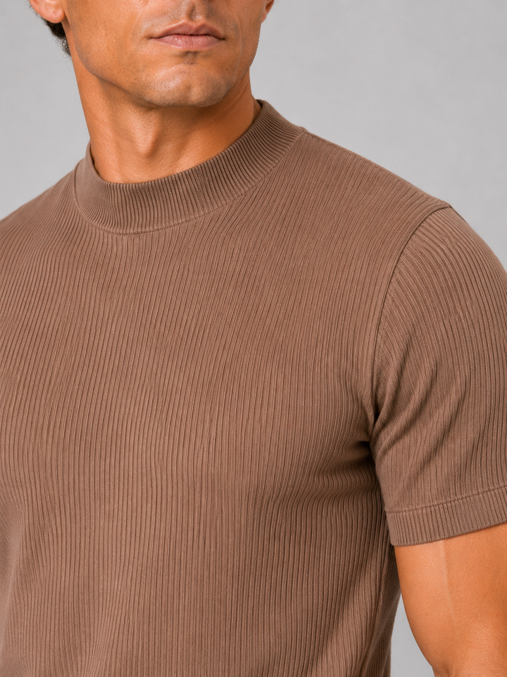 Brown ribbed knit texture, mock neck collar and short sleeve cuff on a men's tee.